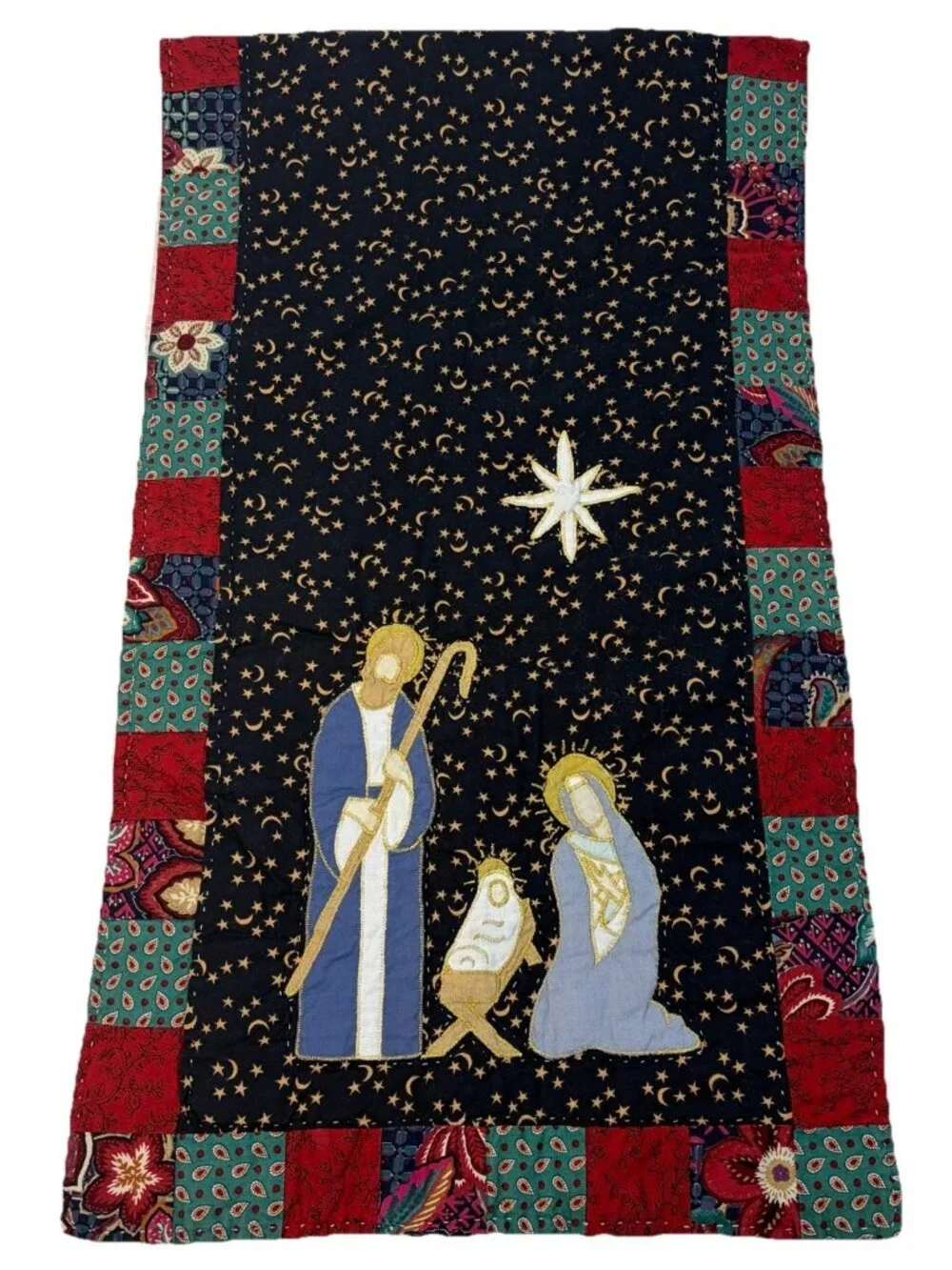 Christmas Nativity Quilted Patchwork Table Runner Celestial Moon Stars 15 x 52”